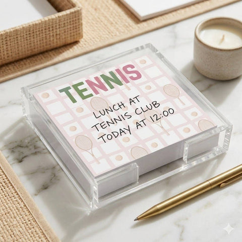 Tenis Notepad in Acrylic Holder, pink/ green