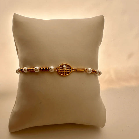 Born to Rally  COMBO GOLD/PEARL  Bead Tennis Racket Bracelet