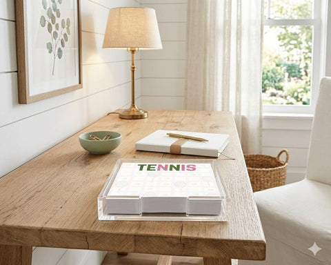 Tenis Notepad in Acrylic Holder, pink/ green