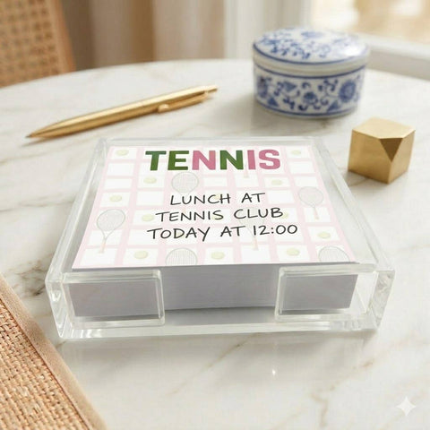Tenis Notepad in Acrylic Holder, pink/ green