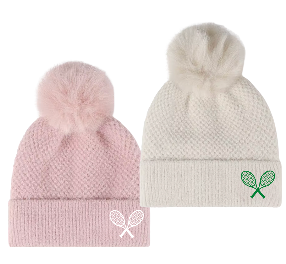 Tennis Pom Pom Beanie - Embroidered Racquets: Lite Pink