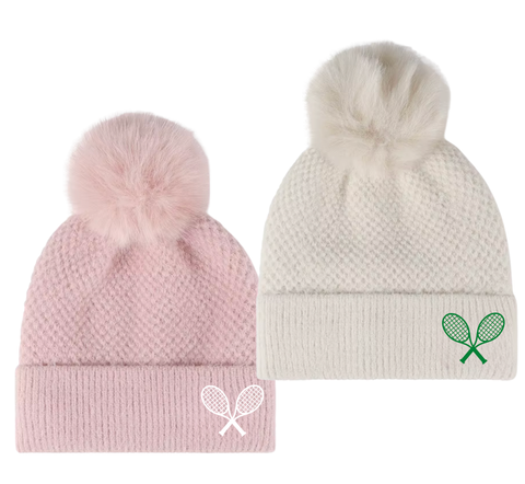 Tennis Pom Pom Beanie - Embroidered Racquets: Lite Pink