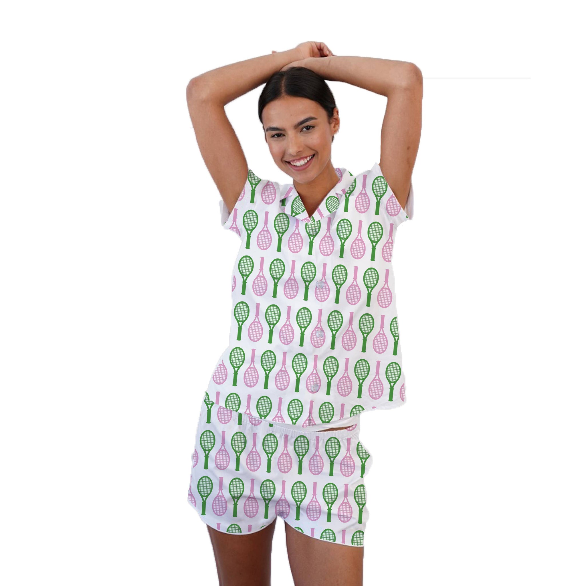 Tennis Pajama Short Set - Pink & Green Tennis