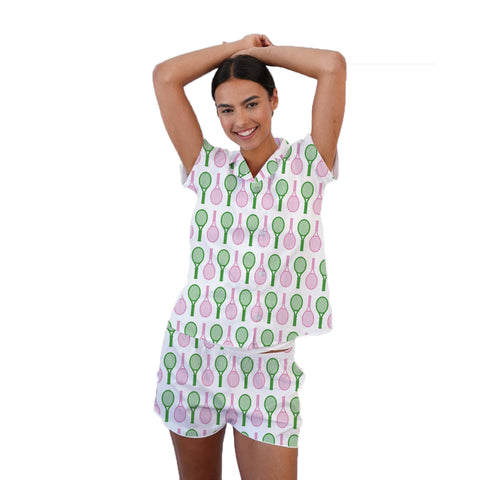 Tennis Pajama Short Set - Pink & Green Tennis