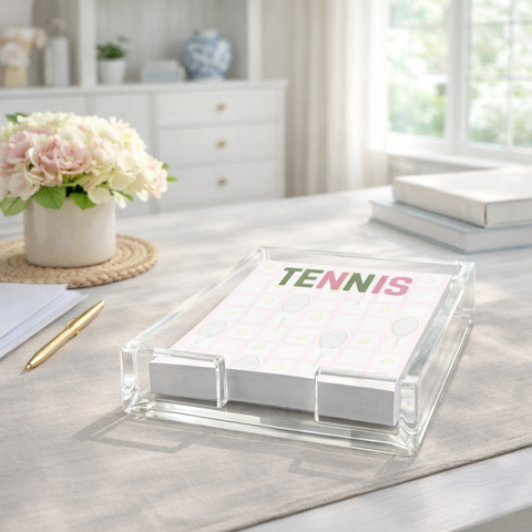 Tenis Notepad in Acrylic Holder, pink/ green