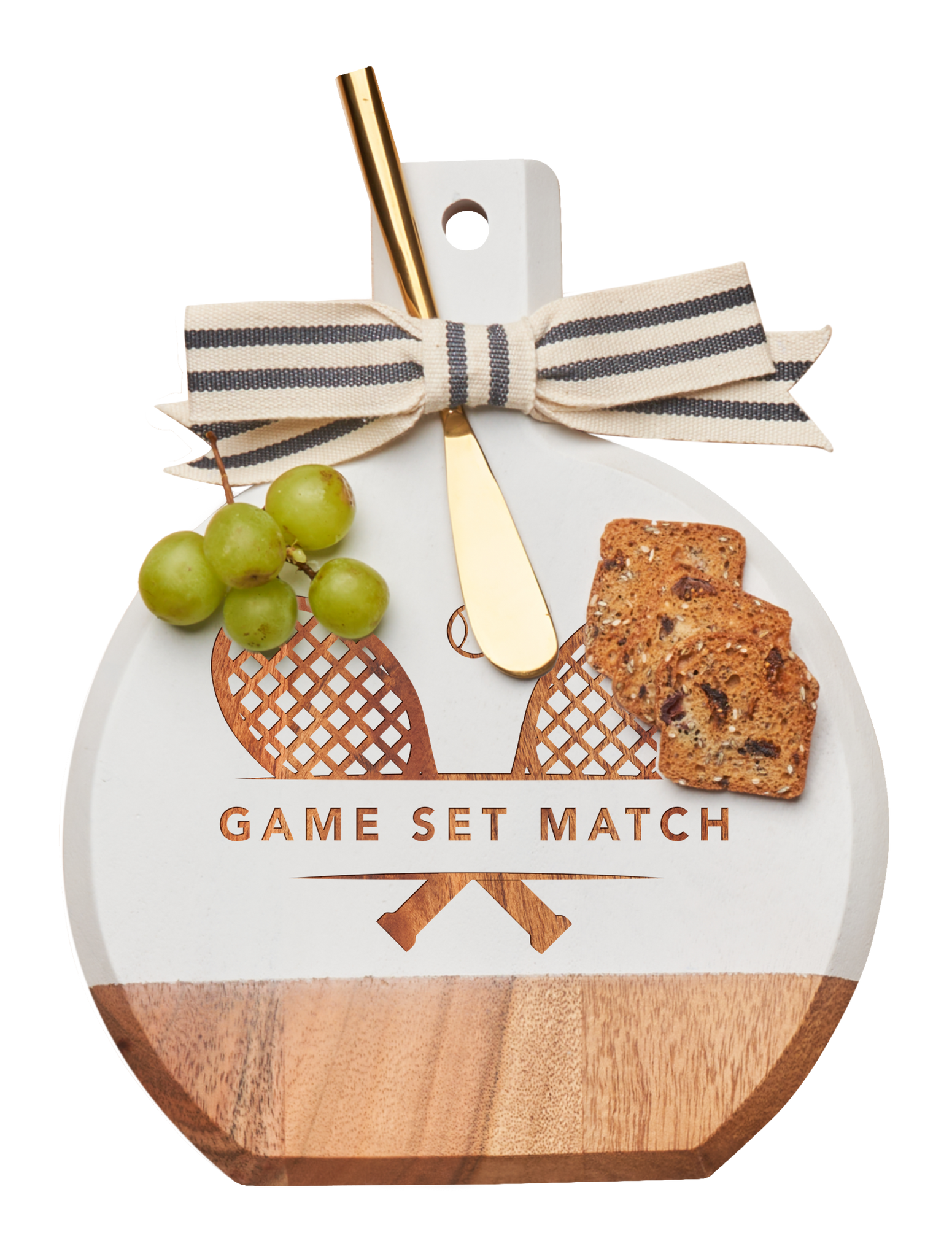 Game Set March Cheese Board White w/ Ribbon & Gold Spreader Knife | Tennis | 9.75 x 8