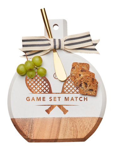 Game Set March Cheese Board White w/ Ribbon & Gold Spreader Knife | Tennis | 9.75 x 8