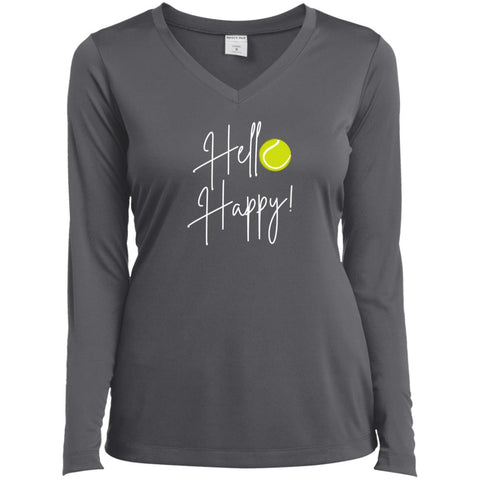 Hello Happy  Ladies Long Sleeve Performance V-Neck