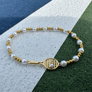 Born to Rally  COMBO GOLD/PEARL  Bead Tennis Racket Bracelet