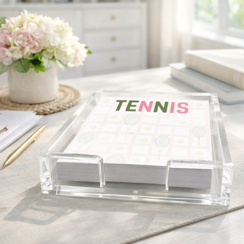 Tenis Notepad in Acrylic Holder, pink/ green