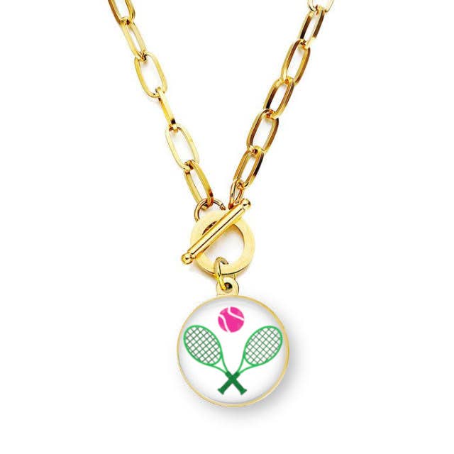 Pink and Green Tennis Charm Necklace - Paper Clip Style -